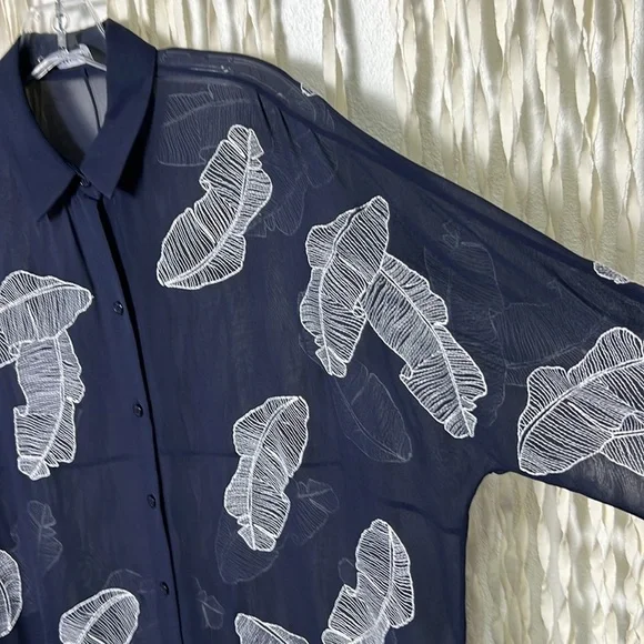 Lafayette 148 New York Kyrie Navy Sheer Silk Georgette Shirt Small